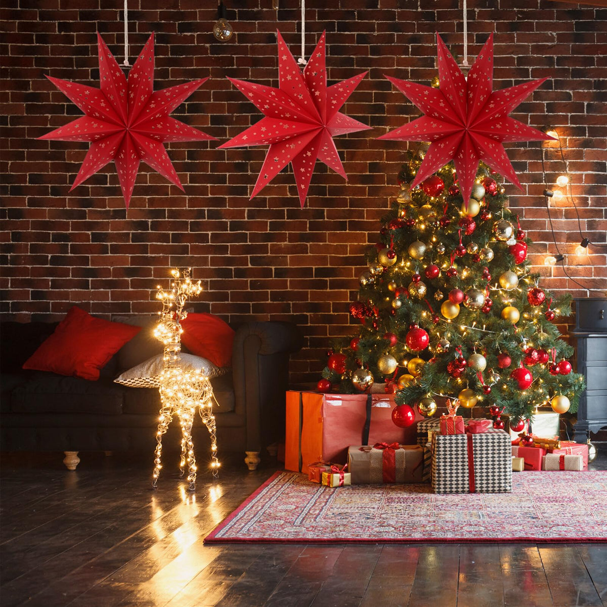 3Pcs Paper Star Lantern Lampshade 9 Pointed Star Hanging Decorations for Christmas New Year Wedding Party Holiday Birthday, Red