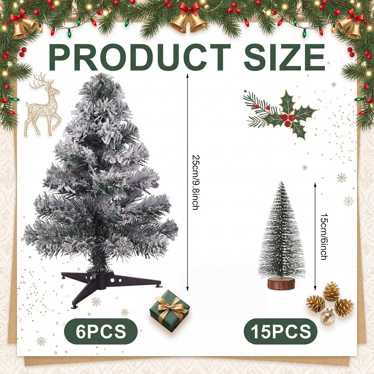 Sanwuta 21 Pcs Above The Cabinet Christmas Tree Decor 6 Flocked Snowy Trees 15 Mini Snowy Brush Trees Over The Cabinet Decorations Winter Xmas Tree for Mantel Bookshelf Table Indoor Kitchen Decor
