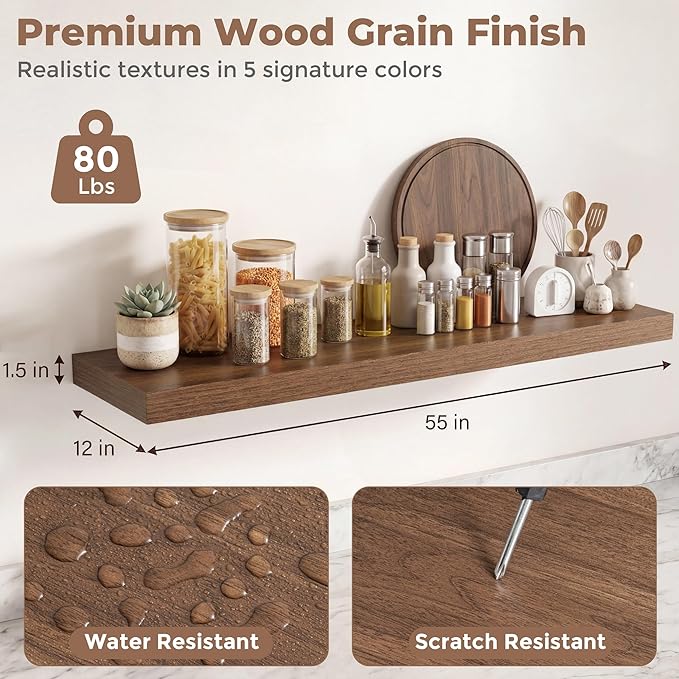 12 inch Deep Floating Shelves for Wall, 55 inch Wide Engineered Wood Wall