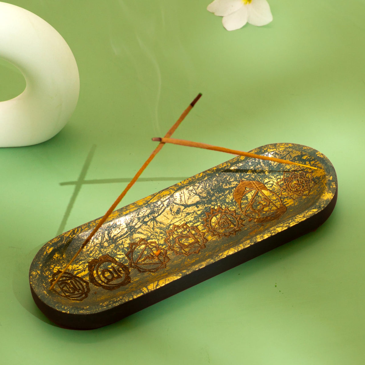 UnitedPrime Hand Carved Incense Holder-Incense Burner/Ash Catcher/Handmade Wooden Insence Tray – Modern Gift Home/Room/Seven Chakra Blue Gold Kitchen Décor Size 11x4x1.5 Inches