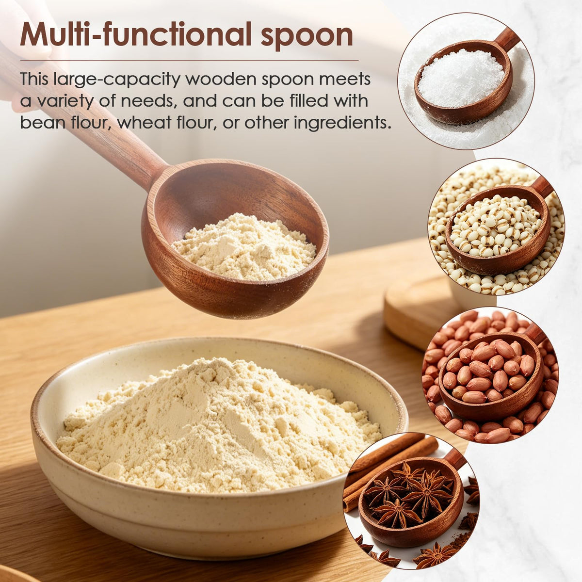 GALUBUBU Wooden Ladle, Large Wooden Scoop, Korean Style Solid Wood Serving Spoon for Bath Salt, Rice, Soup, Flour, Coffee Beans, Deep Jar Scoop for Kitchen, Sauna, Canisters