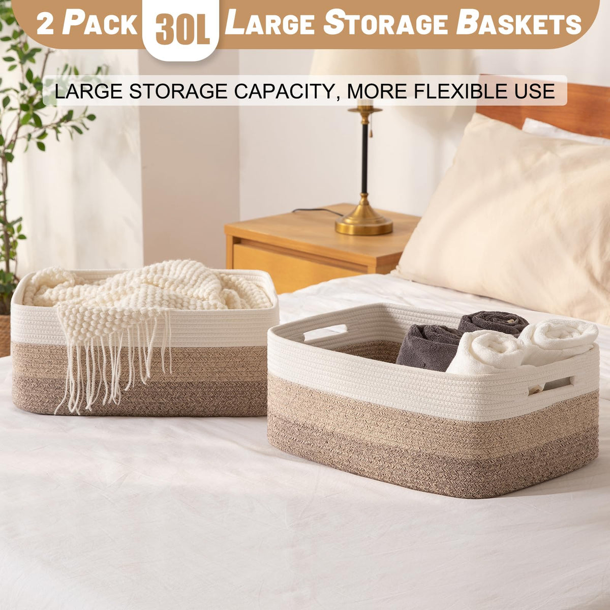 OIASKET Large Storage Basket for Organizing, Woven Rope Basket for Shelves, Closet Organizer Bins for Clothes, Blanket, Toys, Baby Nursery Storage, 17.7" x 13" x 7.87", 2 Packs Gradient Yellow