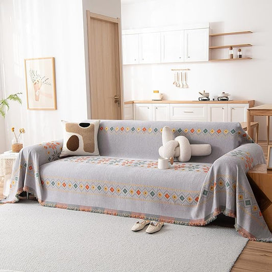 DREAMINGO Boho Couch Cover Grey Chenille Sofa Protecor