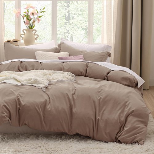 Bedsure Khaki Oversized Queen Duvet Cover Set - Ultra Soft Prewashed Cotton, 98x98 Inches with Zipper Closure & 2 Pillow Shams