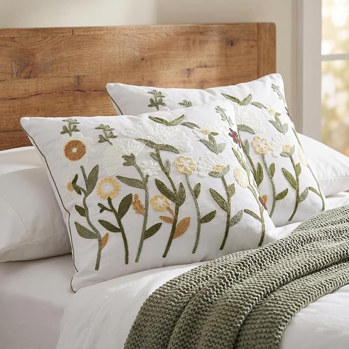 Neutral Floral Embroidered Throw Pillow Covers 20x20 Inch White Daisy Camel