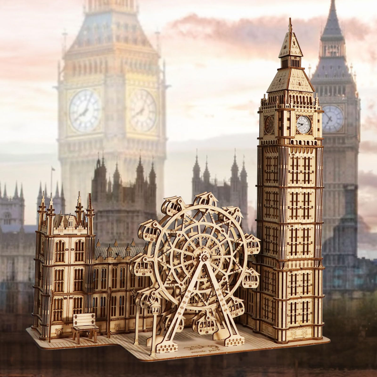 Music Park 3D Wooden Puzzles Big Ben Mechanical Real Clock with Night Light DIY Model Building Kits for Adults to Build Ferris Wheel Hobbies and Birthday Valentine's Day Gifts Home Decoration