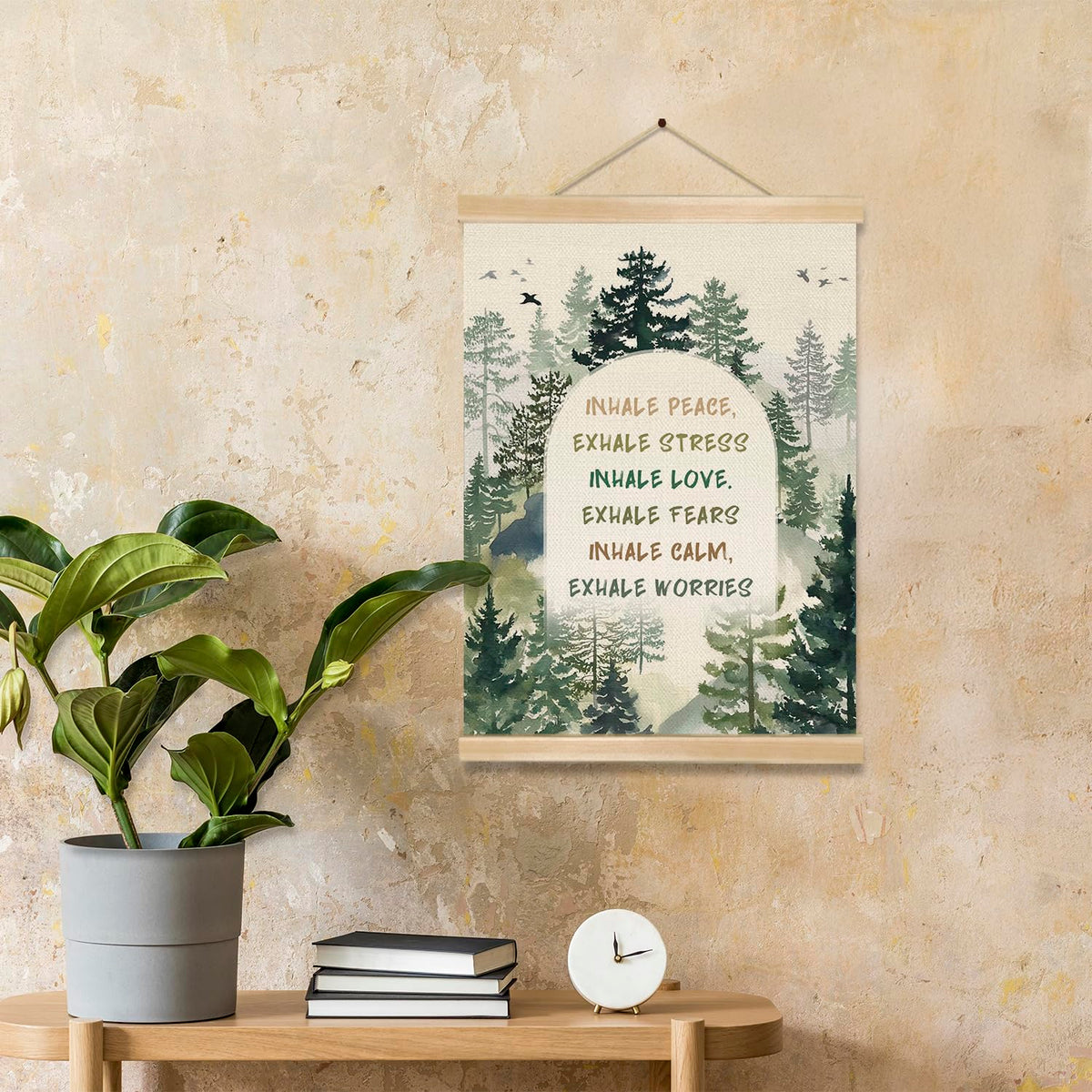Mindfulness Wall Art Decor,Inhale Exhale Inspirational Forest Poster with Wooden Hanger, Mental Health Decor for Therapy Office, Counseling Room, Yoga Studio, Calm Down Corner, 14x18.5Inches(BG015)