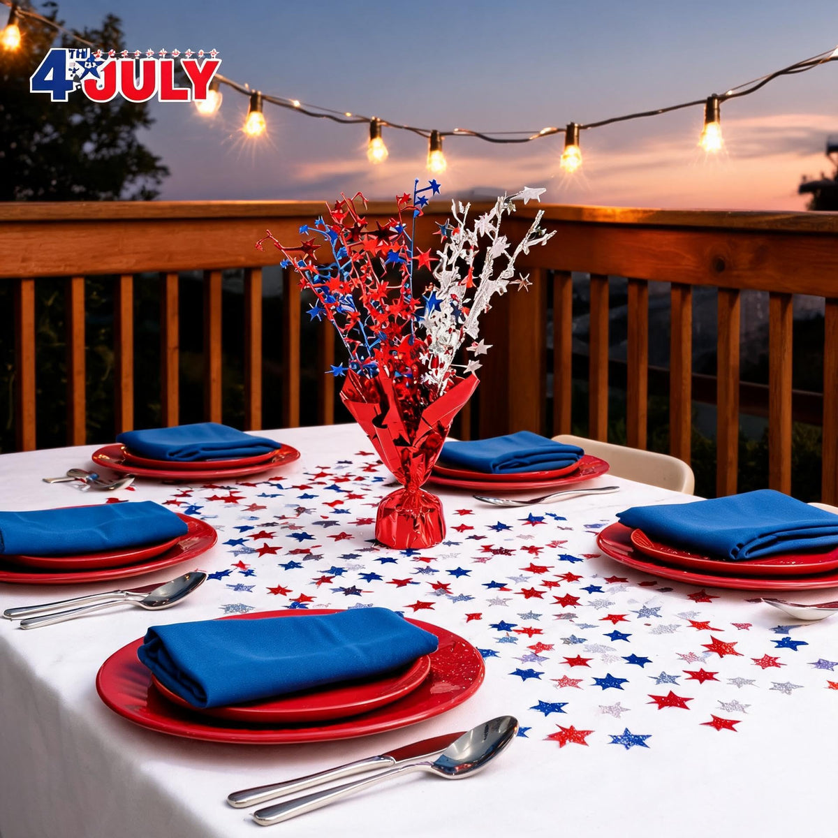 6 Pack 4th of July Table Centerpiece Decoration, Metallic Foil Spray Star Burst Patriotic Decor for 250th Anniversary Independence Day, Holiday Memorial Day Party Supplies Decor (Silver&Blue&Red)