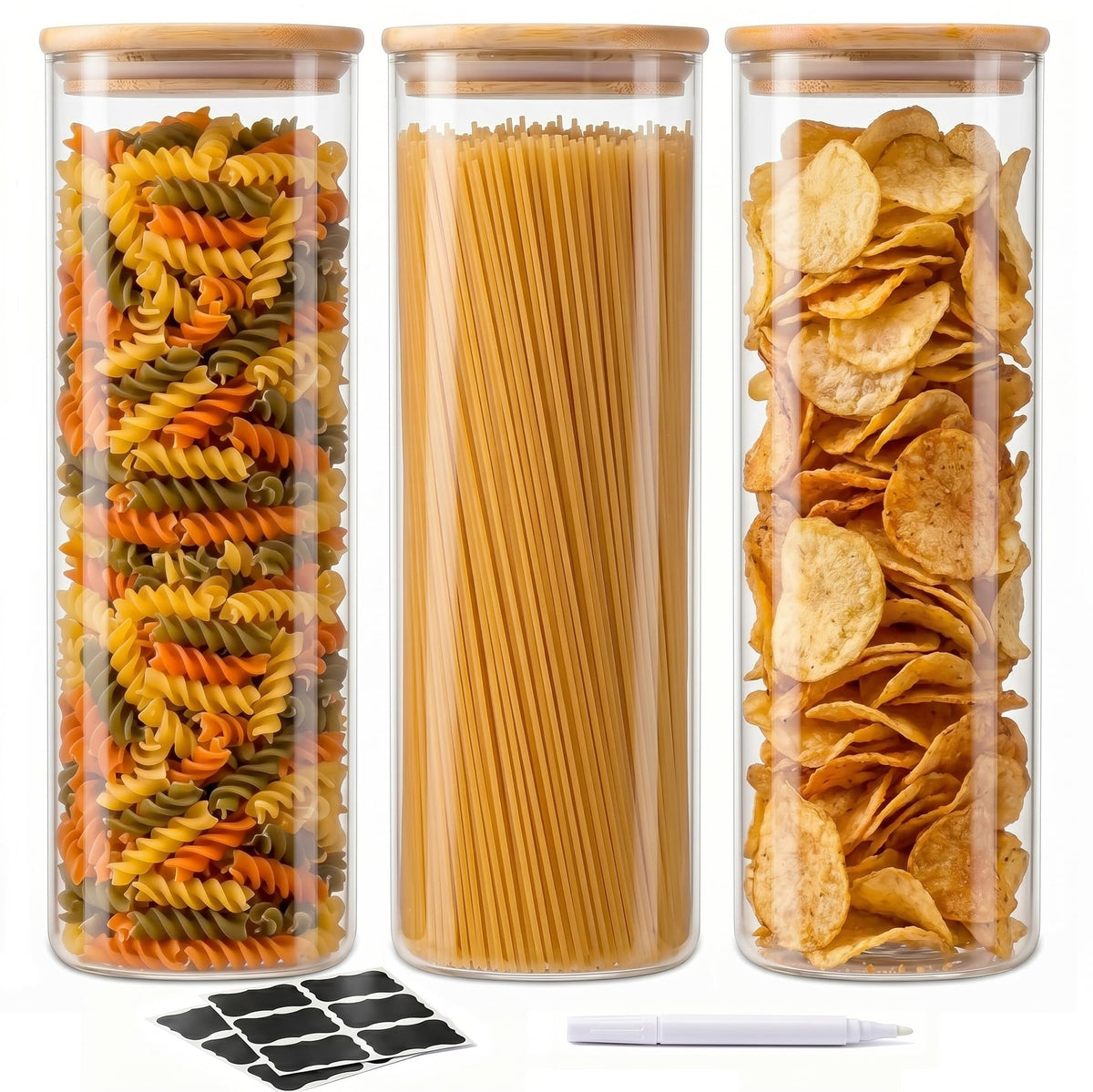 SENTVEND 73 Oz Glass Storage Jars with Bamboo Lids - 3 Pack Clear Glass Canisters Square Airtight Stackable Ideal for Pantry Storage Containers Great for Storing Oats Coffee Beans Pasta Flour Rice etc