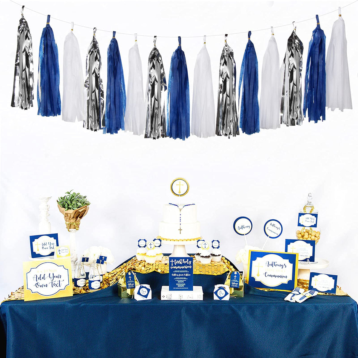 Navy Blue White Silver Party Decorations,23pcs Kit Graduation 2026 Tissue Paper Pom Poms Streamers,Tassel Garland Banner Flowers,Men Birthday Bachelorette Baby Shower Christmas Decor Lasting Surprise