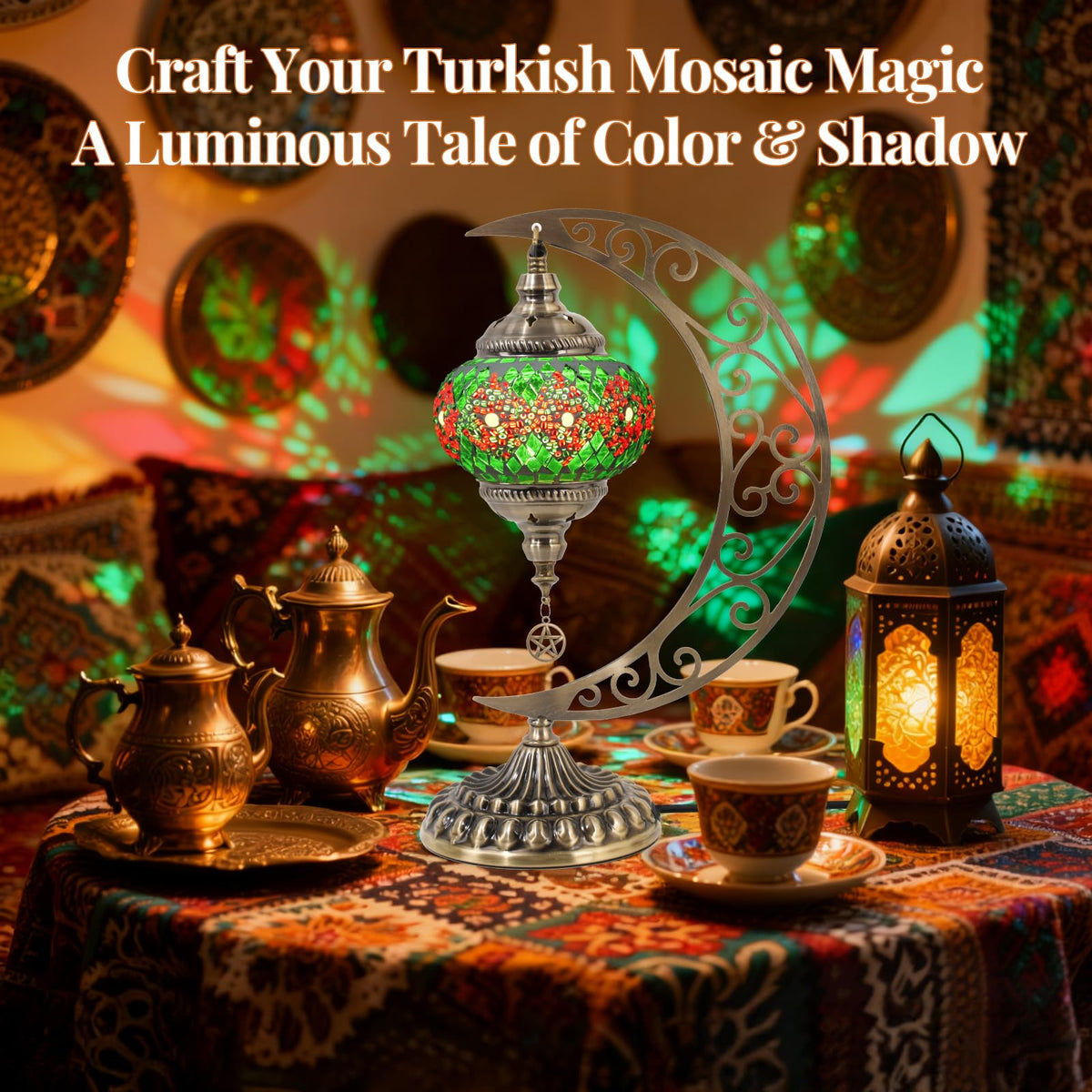BOHMR DIY Turkish Mosaic Lamp Kit, Moon Stained Glass Lamp Making Kit- Easy,Fun,No Experience Needed, Mosaic Art & Craft Project Kits for Adults & Teens, Make Your Own Table Lamp,Christmas Gift,Green