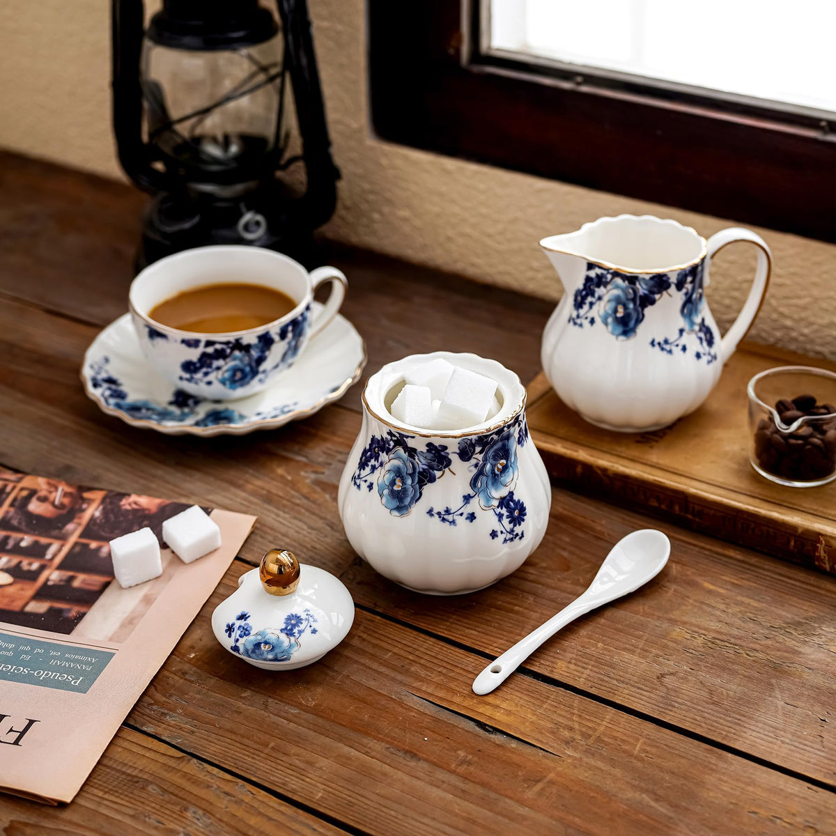 Agyiuns Ceramic Sugar and Creamer Set, 3 Piece with Cream Pitcher, Sugar Bowl with Lid and Spoon,Coffee and Tea Serving Set (White with blue flower)