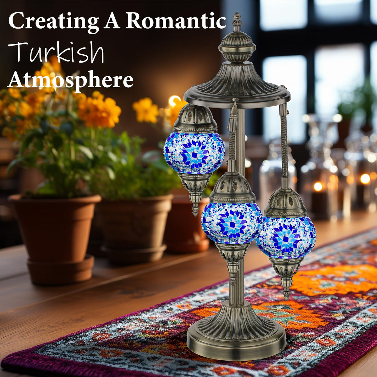 Marrakech Turkish Lamp 3 Globes Moroccan Table Lamp with Bronze Base, 23" Tall Handmade Blue Tiffany Mosaic Glass Night Light Fixture Including LED Bulb for Living Room Bedroom Decor