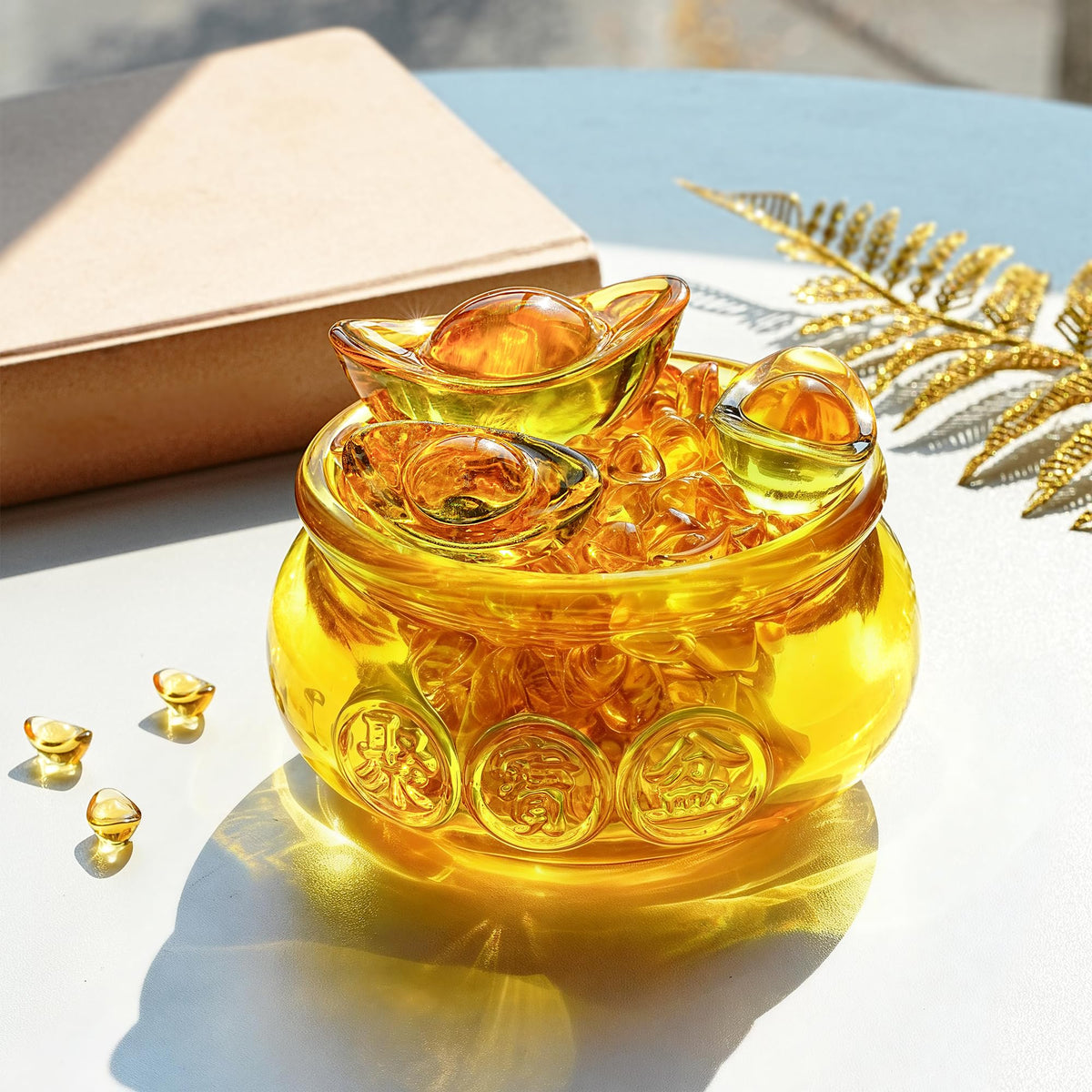 YU FENG 4.7'' Crystal Glass Wealth Bowl with Gold Ingots, Large Wealth Symbol Decor, Prosperity Ornament, Lucky Gift for Home Office Desk Decoration