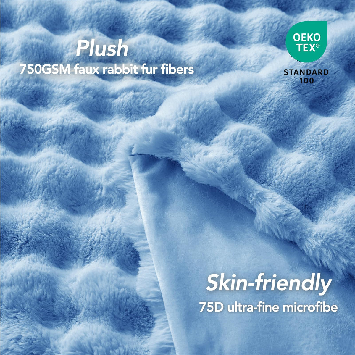 L'AGRATY Faux Fur Throw Blanket: 50" x 60" Luxury Soft Fluffy Rabbit Fur Blankets Twin for Couch Bed Sofa - Cozy Plush Bubble Blankets for Winter: Flannel Fleece Decorative Blanket(Airy Blue)