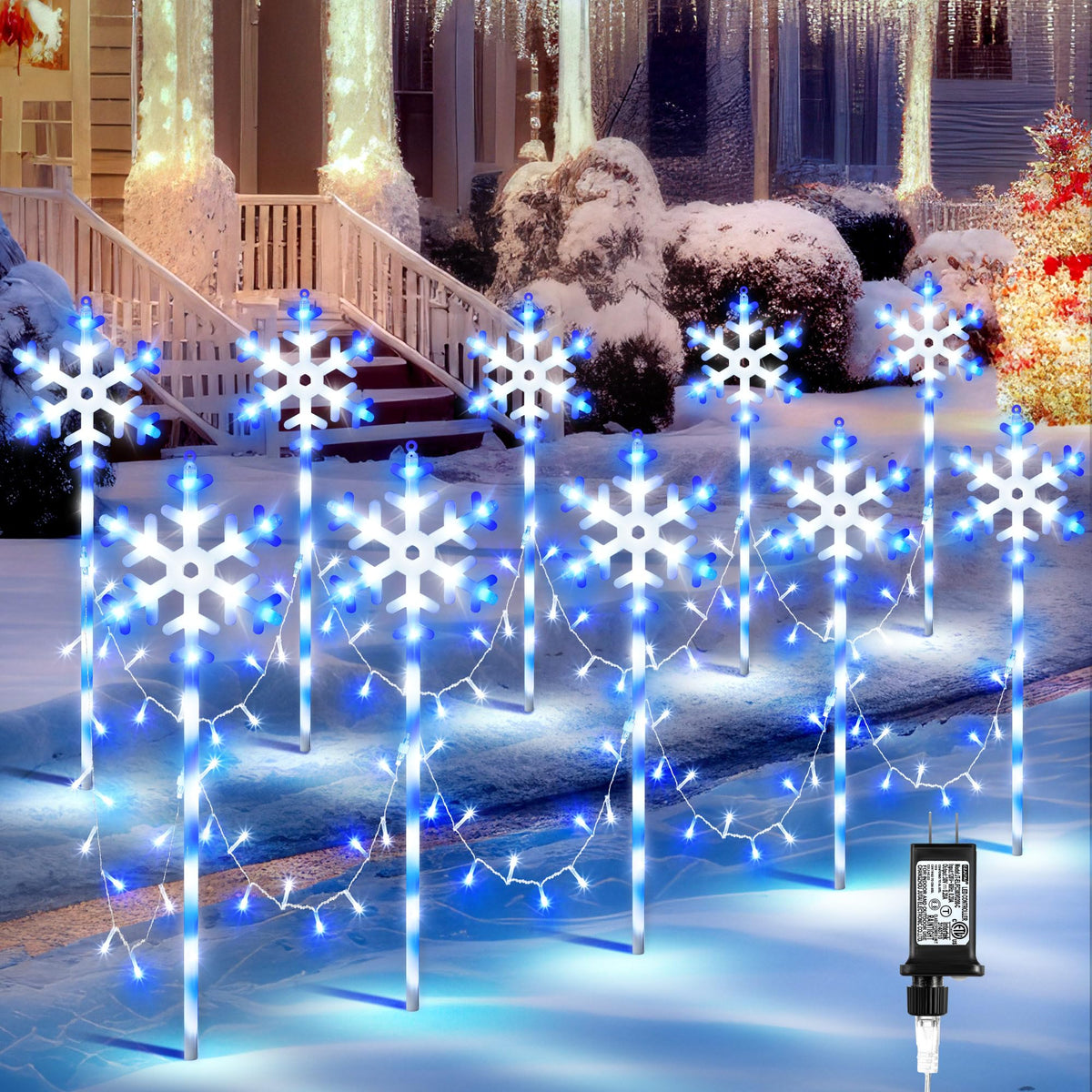 ElectricWise 10 Pcs Christmas Snowflake Pathway Stake Lights for Outdoor Yard, 370 Bright LEDs Waterproof Large Christmas Snowflake Light Decoration for Garden Lawn Driveway Walkway Decor (Blue White)