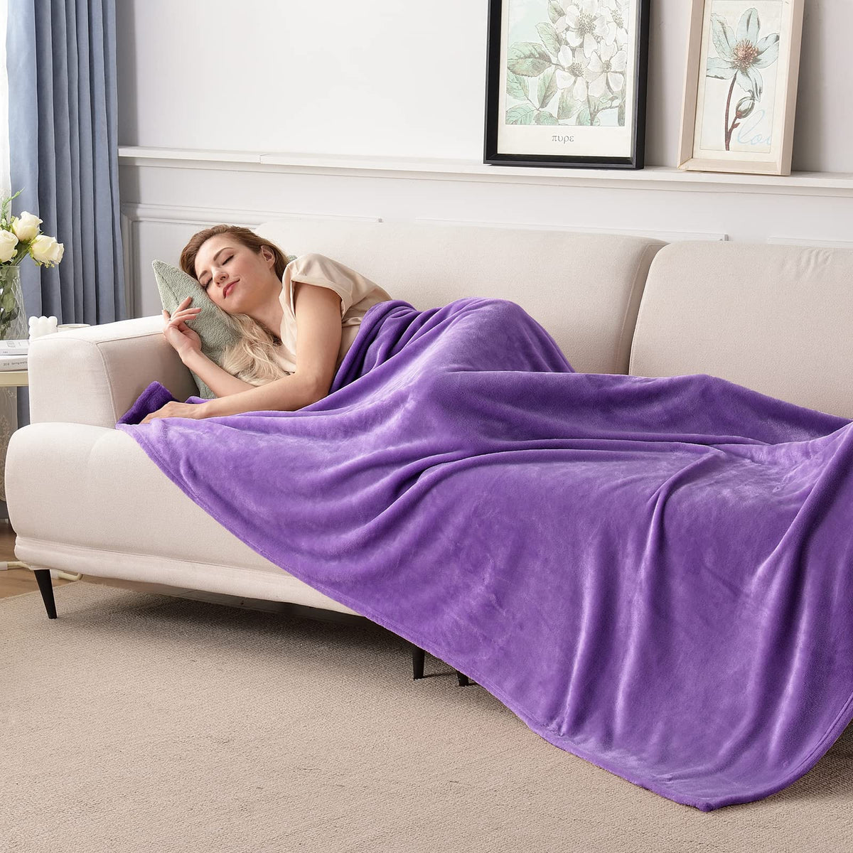 SOCHOW Flannel Fleece Blanket Twin Size, All Season Lightweight Super Soft Cozy Blanket for Bed or Couch, Purple 60inch X80''