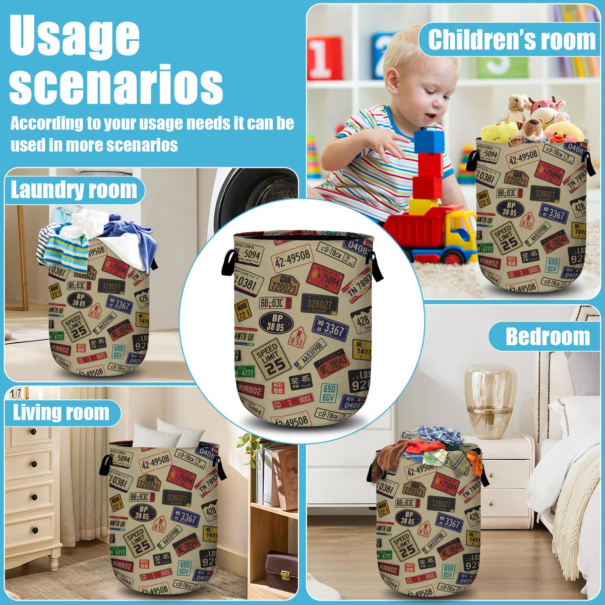 Colourful Car Number Plates Laundry Basket, Laundry Hamper Collapsible Oxford Cloth with Handle Clothes Storage Bin for Bathroom Laundry Room Bedroom 15.7 X 20 Inch