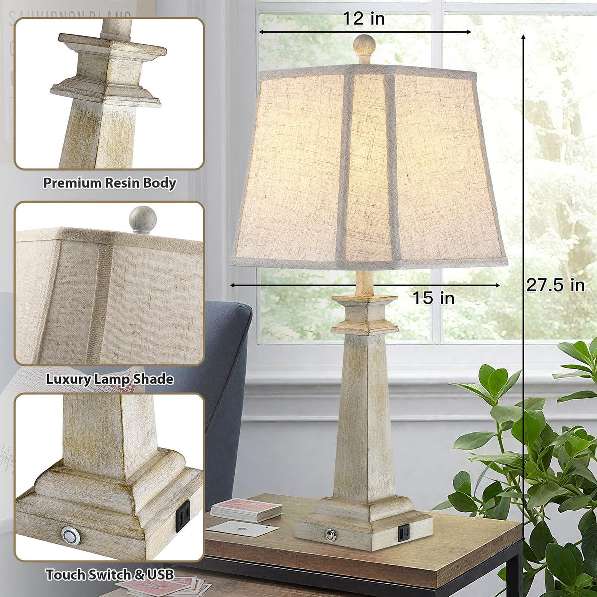 Hapcrea 27.5" Table Lamps Set of 2, 3-Way Dimmable Touch Lamps for Nightstand, Farmhouse Table Lamp for Living Room and Bedroom with USB A+C Charging Ports, Bulbs Included (Antique White)