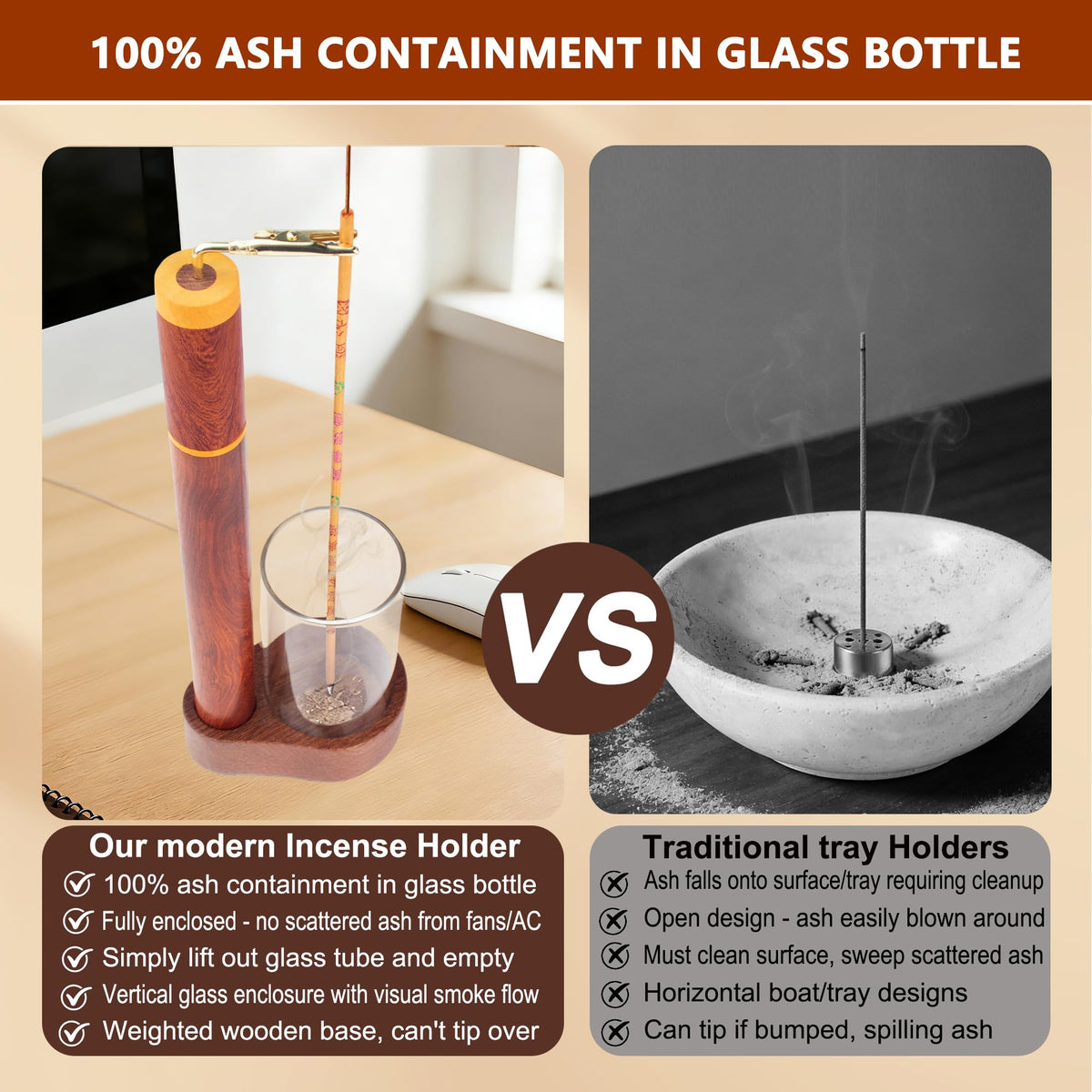 Zeckzoin Wood Incense Holder for Sticks with Glass Ash Catcher-Airtight StorageTube,Portable Incense Burner for Yoga Meditation Travel Home Gift
