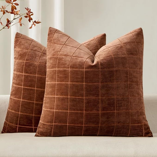 MIULEE Decorative Chenille Check Throw Pillow Covers Vintage Plaid Couch