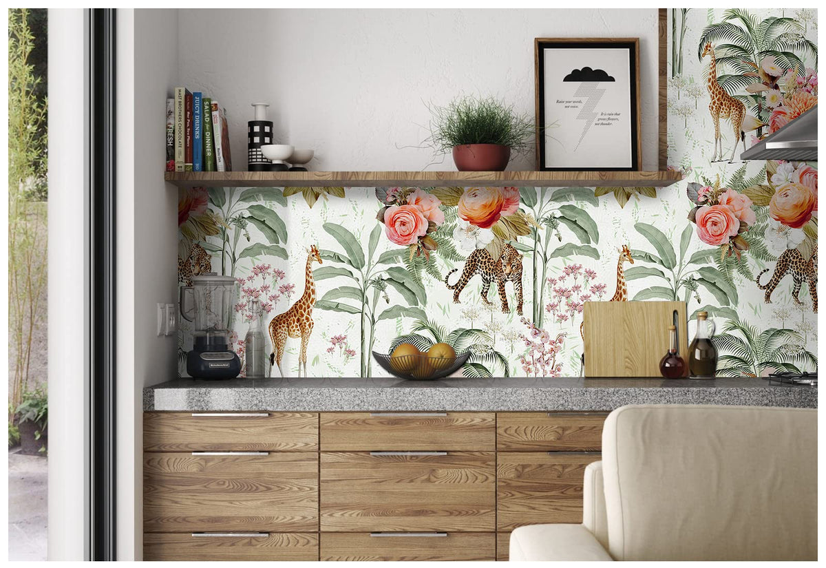 HAOKHOME Forest Peel and Stick Floral Wallpaper Jungle Animal Removable White/Green/Pink Vinyl Self Adhesive Mural 17.7in x 9.8ft