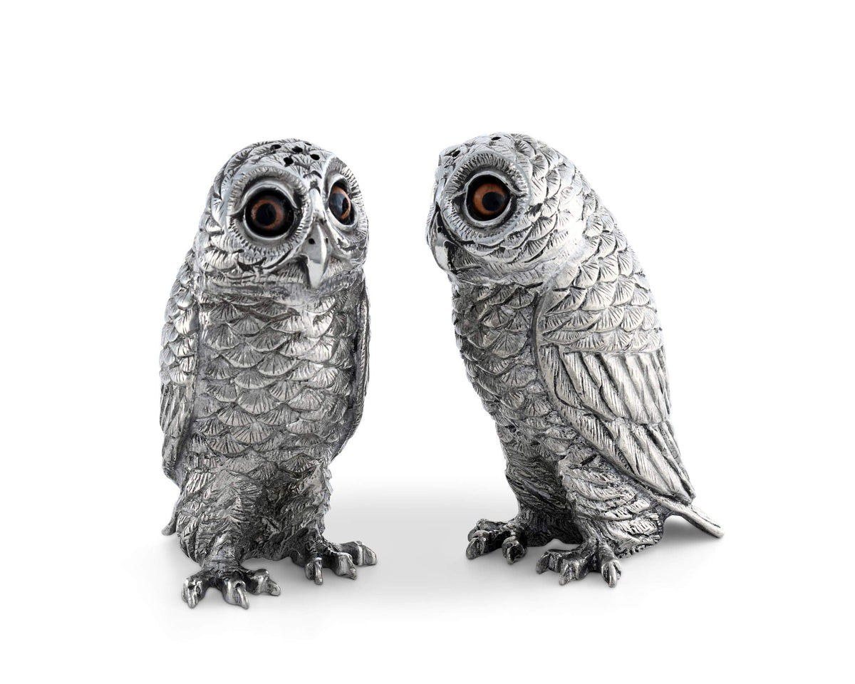 Vagabond House Pewter Metal Owl Salt and Pepper Shaker Set with Hand-Painted Eyes Thanksgiving Harvest Table 3.75 inch Tall