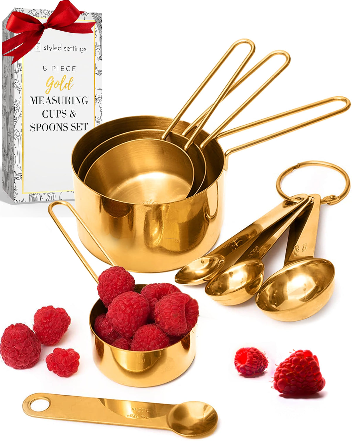 Styled Settings 19-Piece Kitchen Bundle – White and Black Salt and Pepper Grinders, Gold Measuring Cups, and Magnetic Measuring Spoons for Stylish and Functional Kitchens