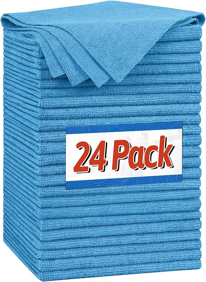 FIXSMITH Microfiber Cleaning Cloth, Shop Towels Bulk, 24 Pack Blue Microfiber
