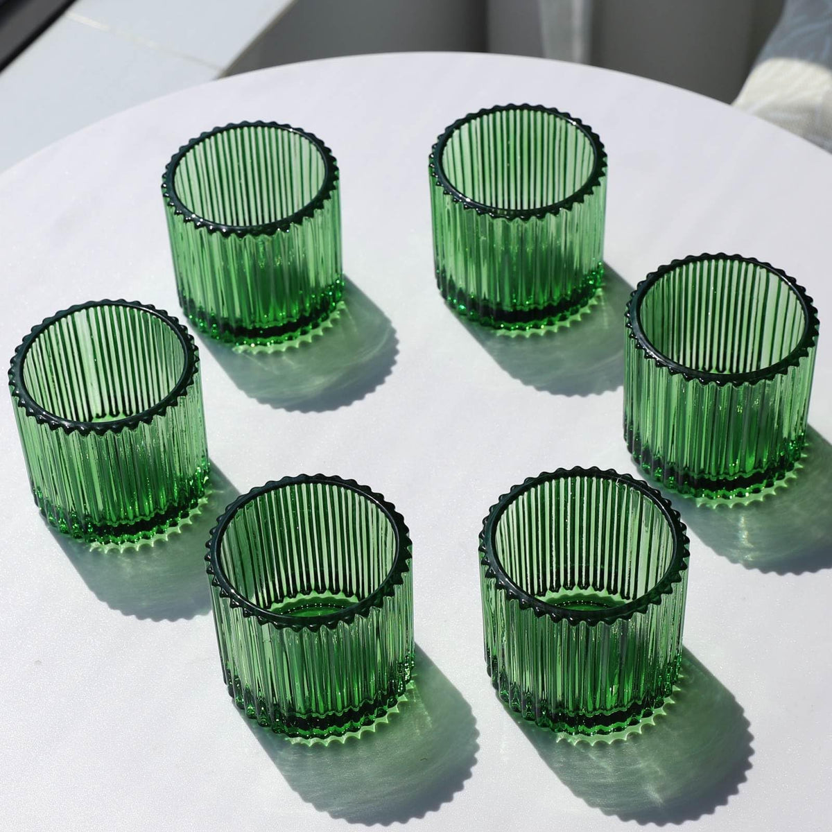 VOHO Large Votive Candle Holders 2.75'' x 2.56'' Set of 6, Ribbed Candle Holder for Votive/Tea Lights Candles, Green Votive Holder for Halloween/Christmas Holiday
