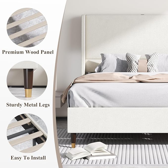 MALOL Full Size Bed Frame with Upholstered Headboard, Linen Fabric Platform Bed