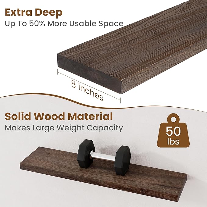 Floating Shelves for Wall Decor, 8 Inch Deep Rustic Solid Elm Wood Floating