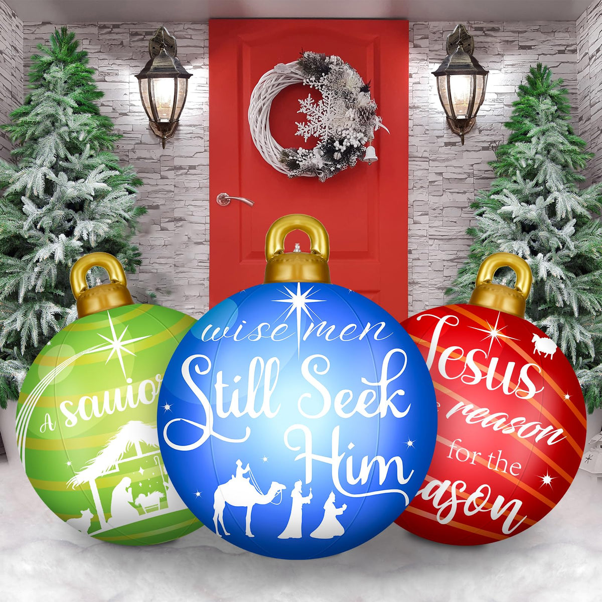 Jetec 3 Pcs 32 Inch Giant PVC Inflatable Christmas Ball Inflatable Decorated Ball Large Xmas Inflatables Ornaments Decorations for Xmas Holiday Outdoor Blow up Yard(Red, Green, Blue,Nativity Scene)