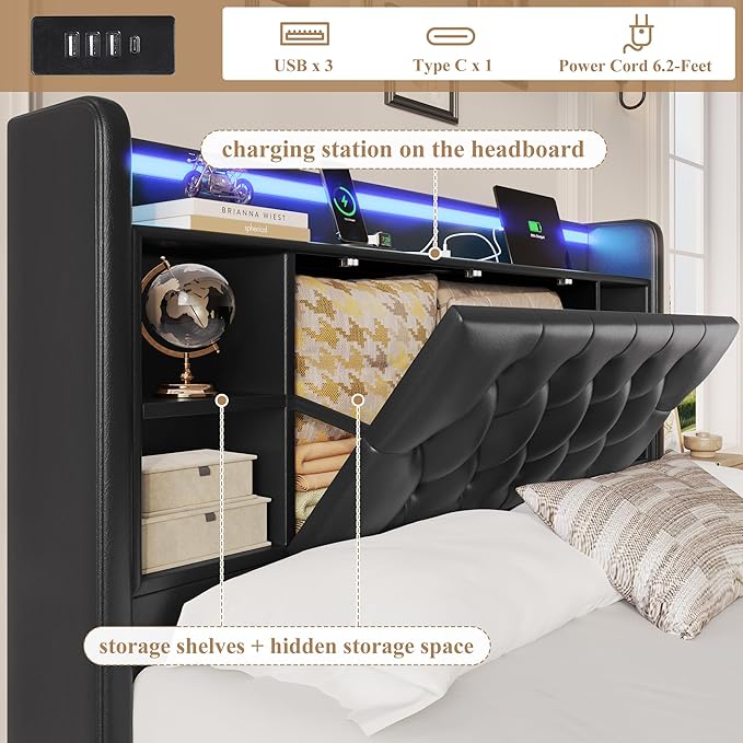 Queen Bed Frame with Drawers, Hidden-Cubby & Shelves Storage Headboard with