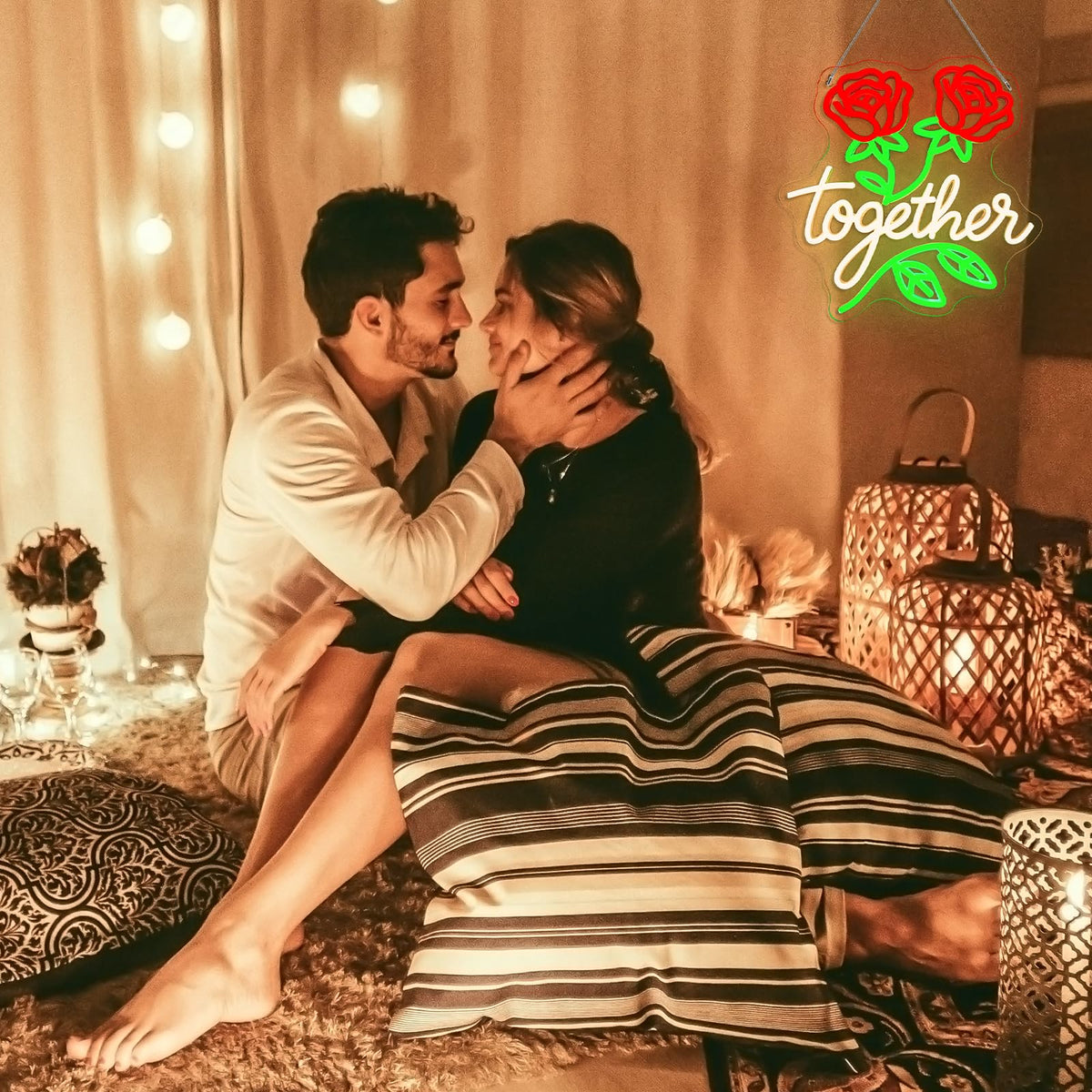 Looklight Together Neon Sign Wedding Neon Signs for Wall Decor Flower Light Happy Anniversary Sign Rose Wall Decor Led Lights for Anniversary Celebration Wedding Party Bedroom Home Decorations Gifts