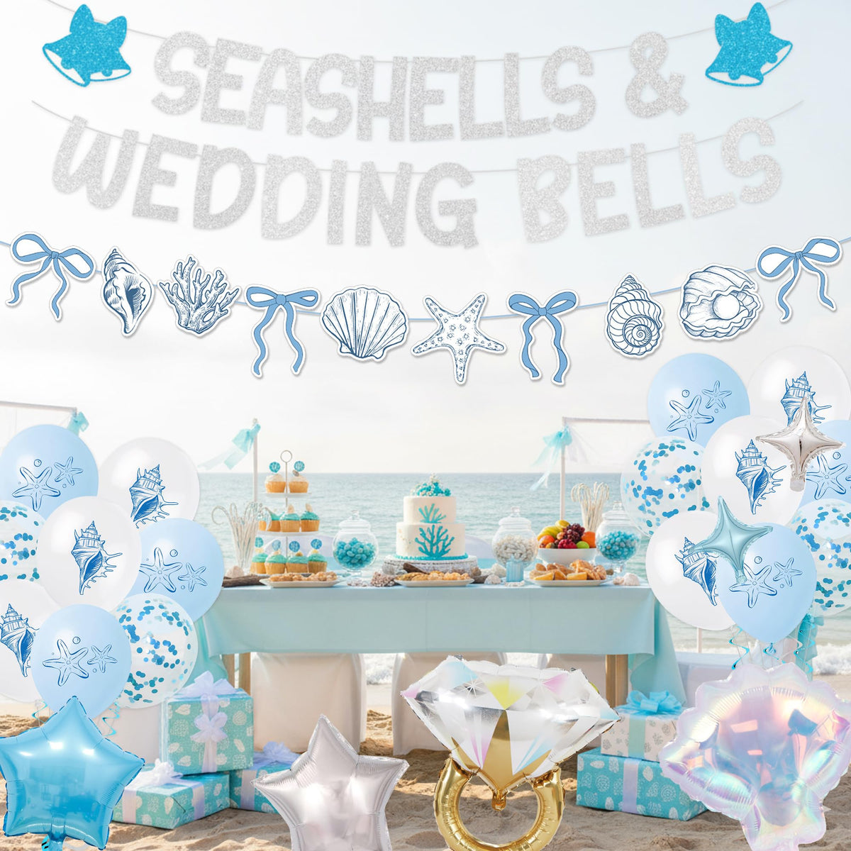 Seashells and Wedding Bells Decor - Beach Bachelorette Party Decorations with Shell Balloons Ring Banner Garland, Coastal Bridal Shower Last Toast on the Coast Enagement Supplies