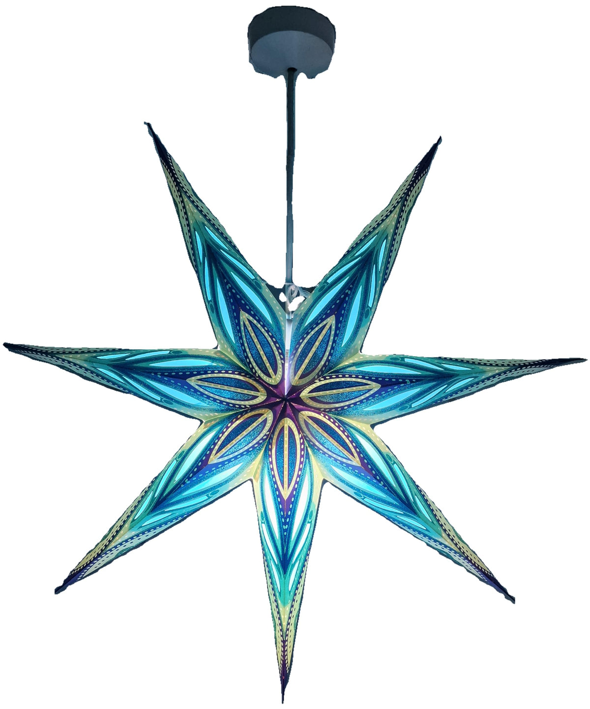 YEPSIO 7-Pointed Lantern Lampshade Paper Star Light Shades Large 24 Inch Star Hanging Decorations for Christmas Wedding Home Decoration Birthday Party (Glitter Blue Multi 02)