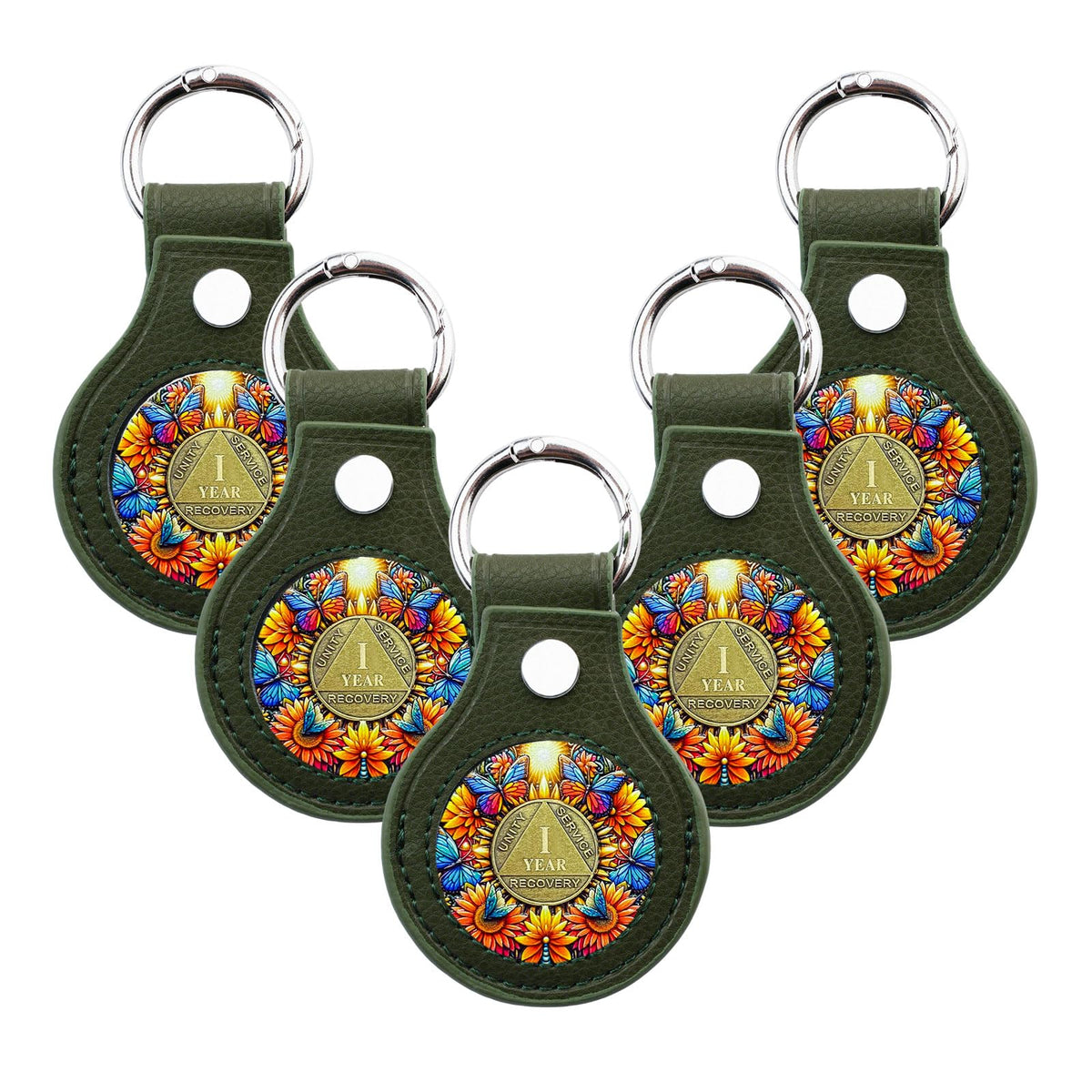 IELCJJ 5PCS Premium Leather Coin Holder - Handmade Sobriety AA Coins Chip Keychain - Displays Both Sides of Sober Token Medallion Pet Challenge Coin - Green Waterproof Scratchproof Soft PVC Key Ring