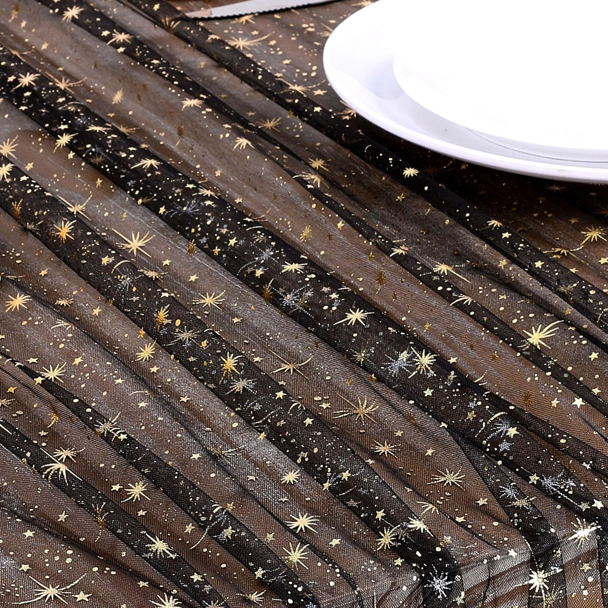 Black Gold Gauze Table Runner Centerpieces: Sparkling Gold Star 10ft Rectangular 3pcs Sequin Metallic Foil Sheer Tulle Cheesecloth for Seasonal Wedding Baby Shower Party
