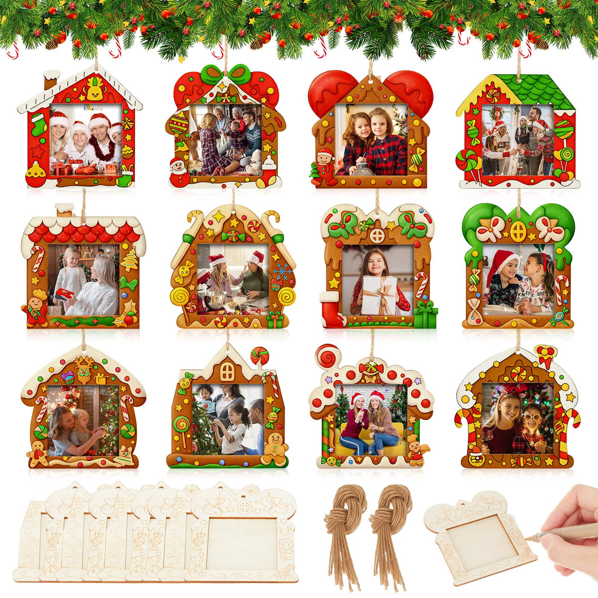 Thyle 12 Pcs Christmas Gingerbread House Picture Frame Ornaments Wooden DIY Craft Kits Xmas Tree Hanging Photo Frames Bulk for Christmas Party Winter Activities Home Decorations Gift