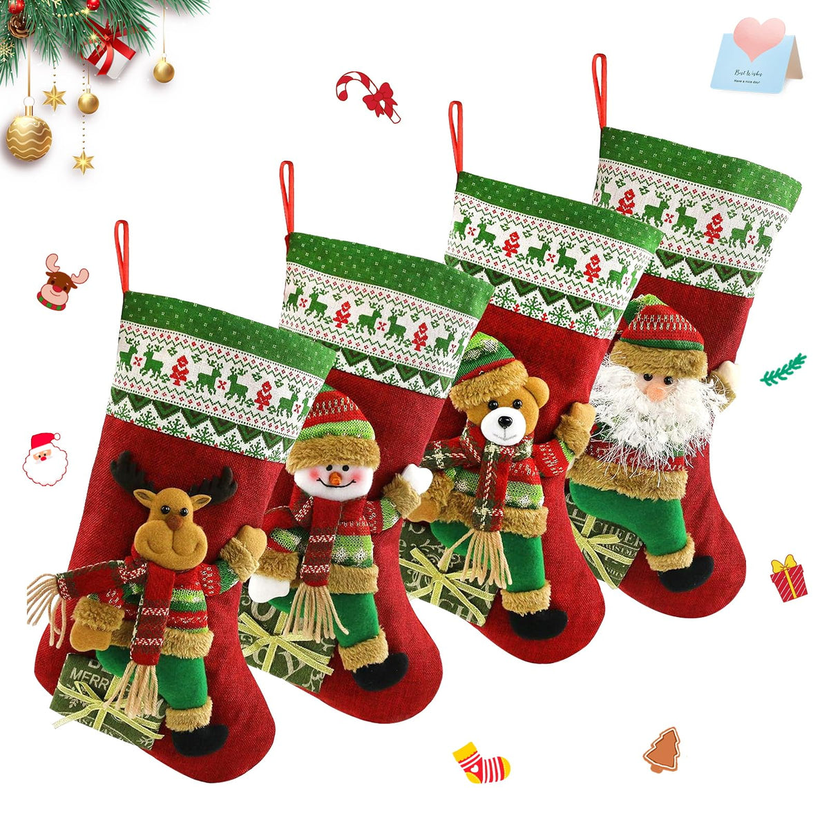 Houwsbaby Set of 4 Christmas Stockings Kit 3D Santa Snowman Bear Reindeer Flax Socks Holders Ornament Gift Bags for Family Xmas Party Supplies, Red, 18.5 inches (04)