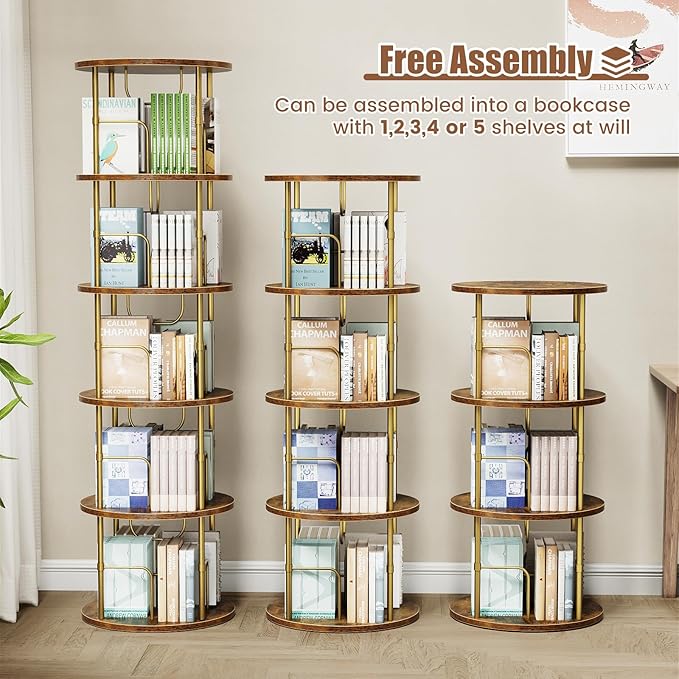 ALLSTAND 5 Tier Rotating Bookshelf, 360 ° Display Stackable Spinning Bookshelf