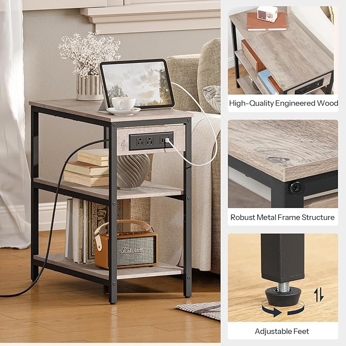 HOOBRO End Table with Charging Station, Simple Rustic Side Table with 3-Tier