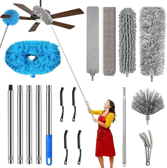 11-in-1 100-Inch Extendable Duster Kit – Reusable Blue Fan Duster, Cobweb Brush