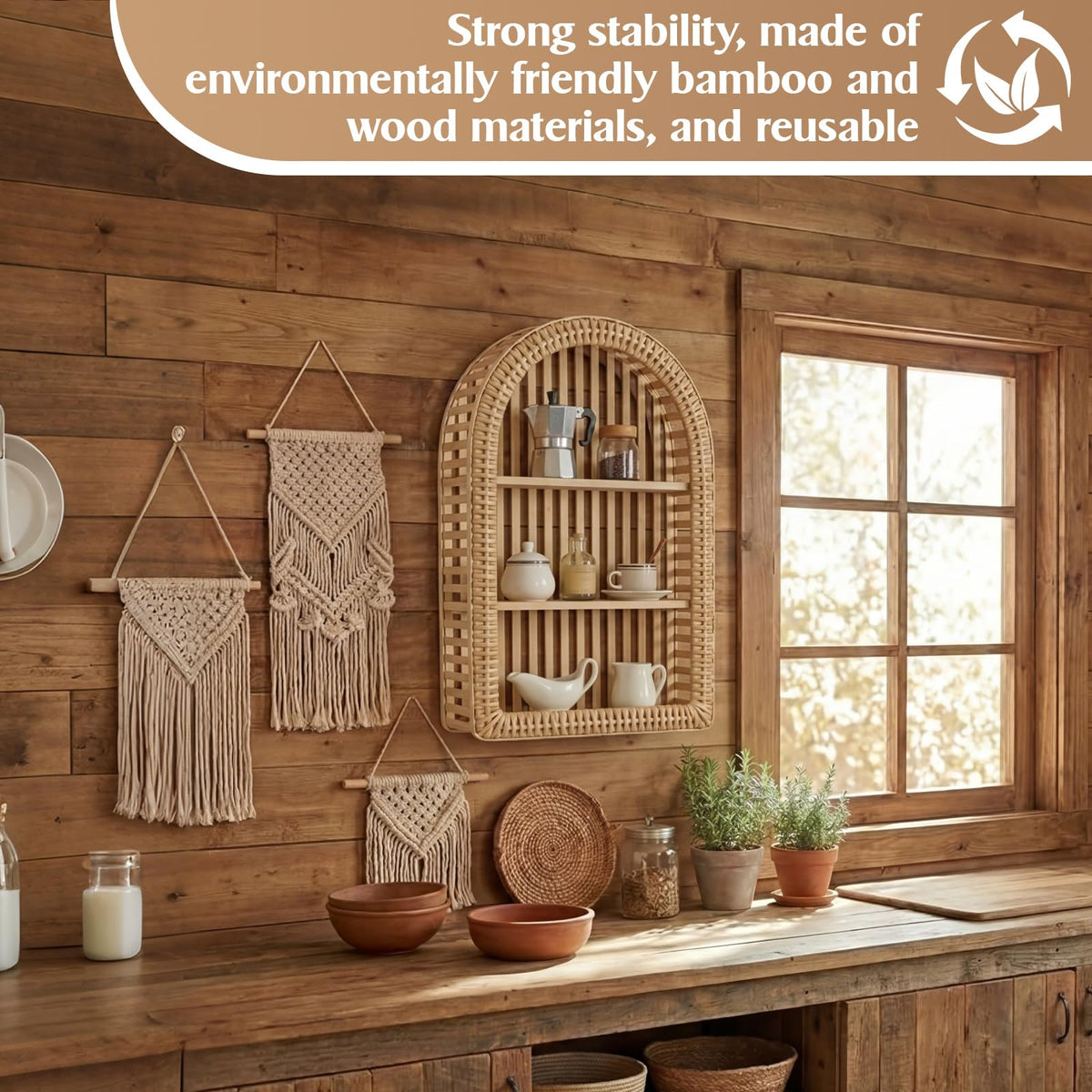 Pinkunn 20'' x 12'' 3 Tier Rattan Wall Shelf Boho Arch Hanging Shelves Arched Wall Mounted Wicker Shelf Decorative Farmhouse Handcraft Floating Storage Display Rack for Bathroom Living Room Decor