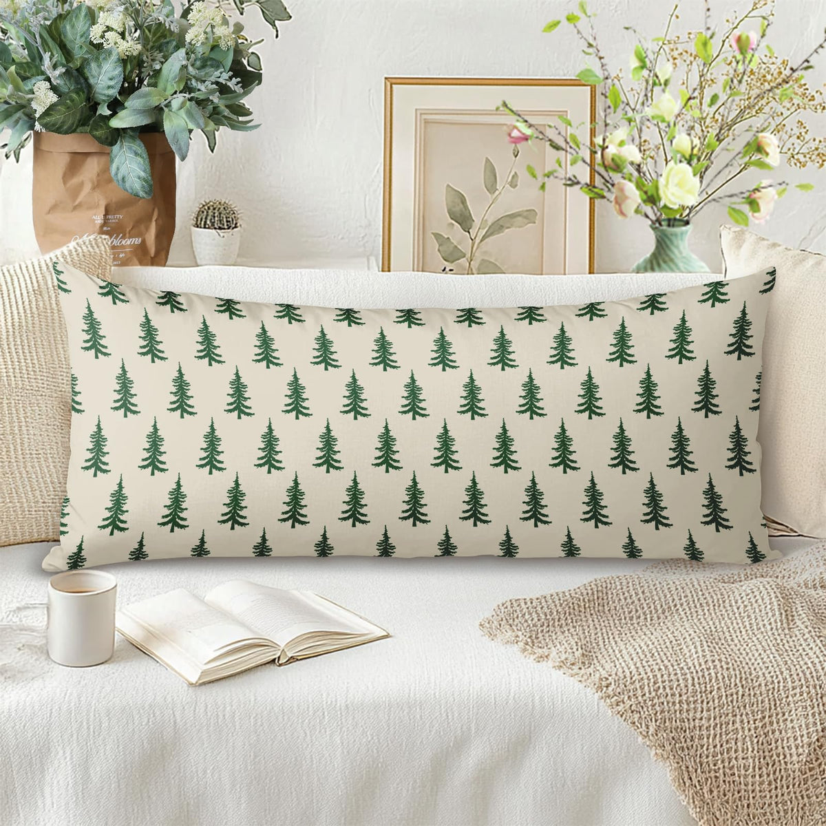 Christmas Pillow Cover 14x36 Inch Green Cream Tree Xmas Holiday Print Decorative Long Throw Pillowcases Outdoor Winter Seasonal Rustic Farmhouse Lumbar Rectangle Cushion Case Decor for Couch Sofa Bed