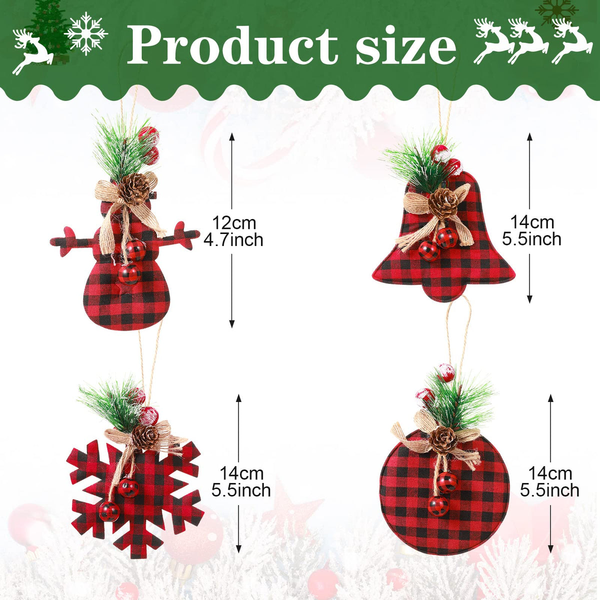 Sratte 20 Pcs Rustic Christmas Tree Ornaments Set 2.5" Hanging Burlap Plaid Ball 3.1"-6" Red/White Black Buffalo Check Ball for Farmhouse Christmas Ornaments Country Xmas Decorations(Red,Black)