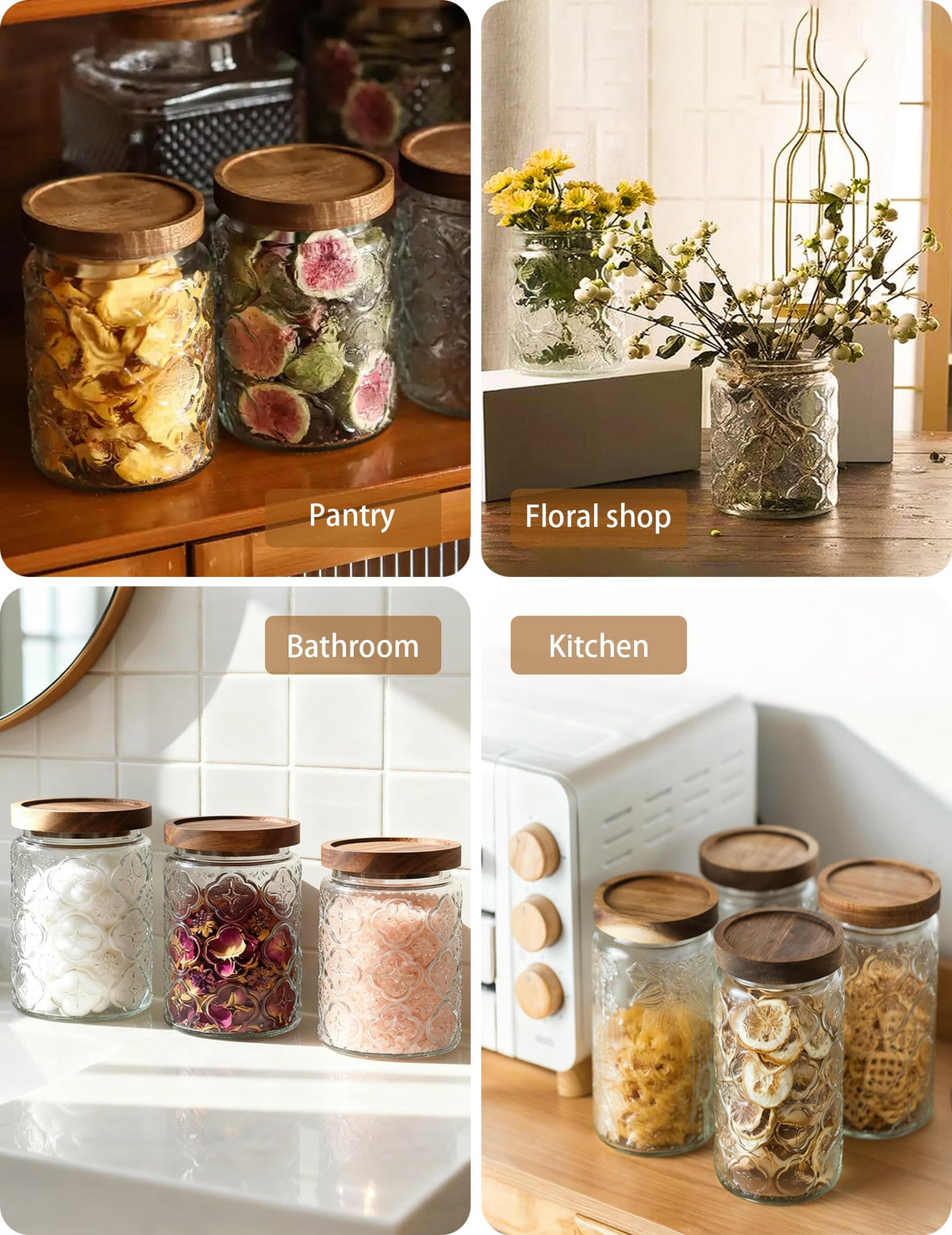 PENGSHU Vintage Glass Jar with Wood Lid - Christmas Airtight Canisters for Kitchen Countertop Bathroom, Storage Candy, Cookie, Coffee, Apothecary, Sugar, Flour,Pet Treat (Begonia, 34oz/1000ml)