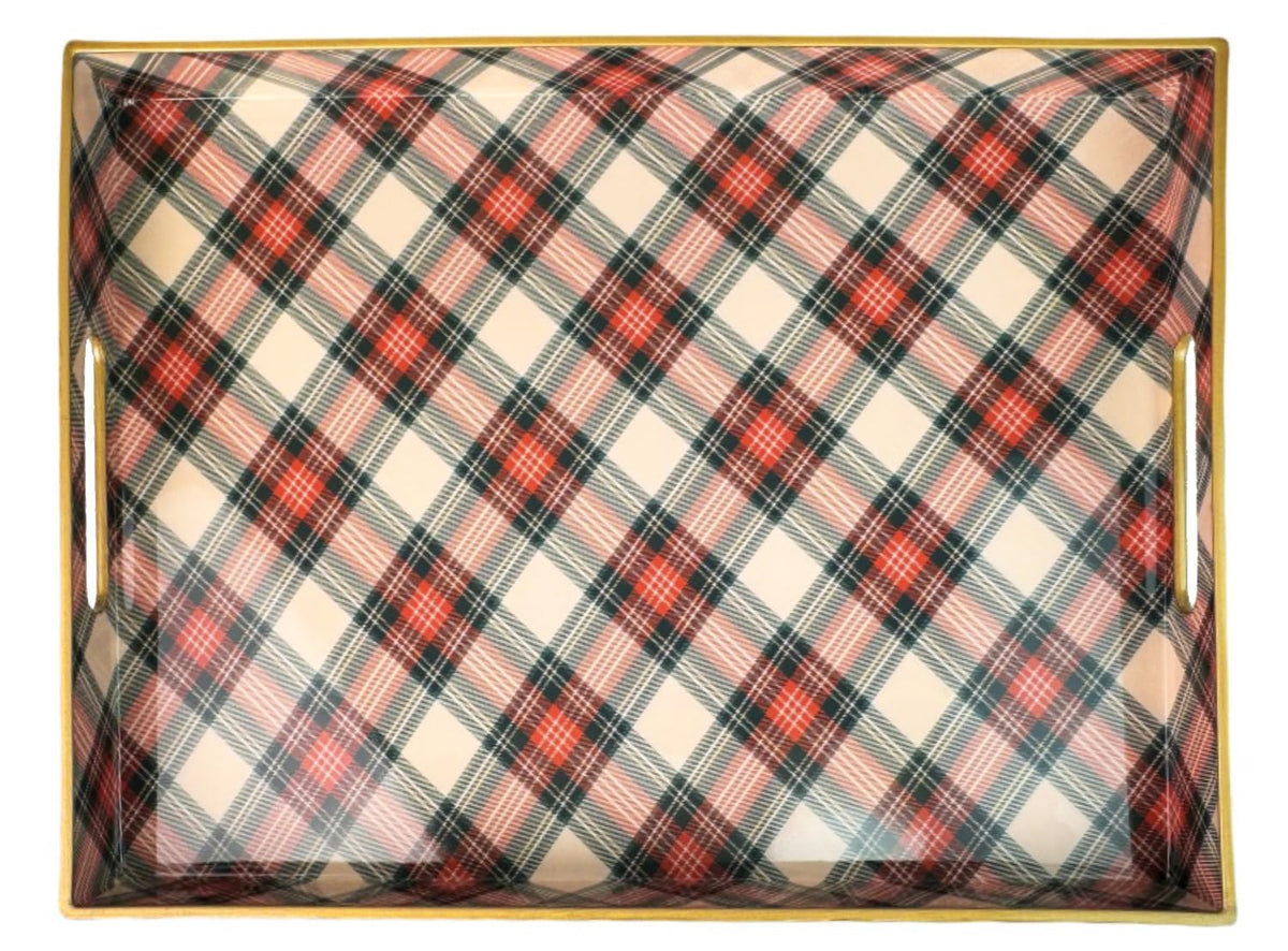 Umisriro Rectangular Decorative Tray with Handles, Plastic Serving Tray for Living Room, Home Decor, Christmas，15.7" x 11.8" Red Plaid