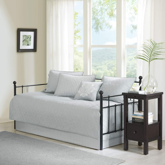 Madison Park Cotton Daybed Cover Set-Double Sided Quilting Classic Cottage Design All Season Bedding with Bedskirt, Matching Shams, Decorative Pillow, 39"x75", Quebec Grey 6 Piece